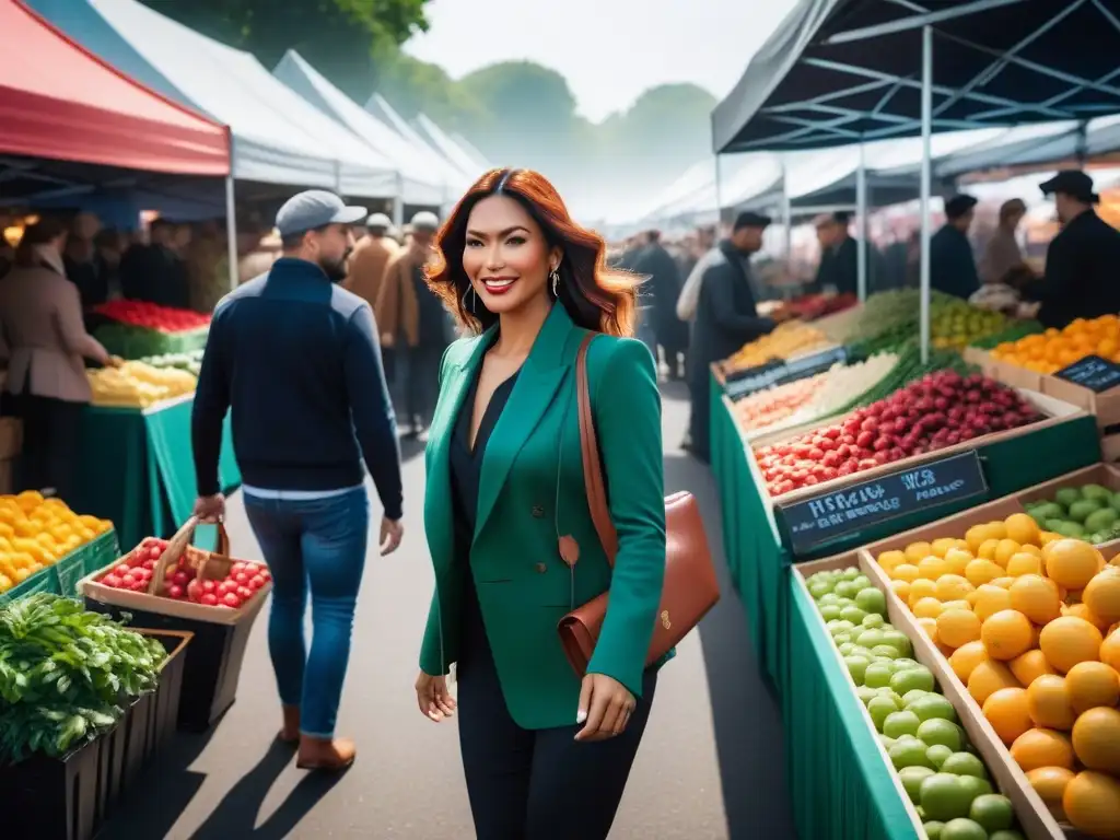 Un vibrante mercado de agricultores con productos frescos y coloridos, reflejando las tendencias de cocina vegana 2022