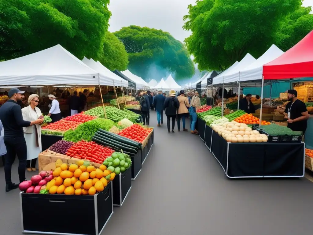 Un vibrante mercado de agricultores repleto de productos frescos y coloridos, con un ambiente comunitario y sostenible