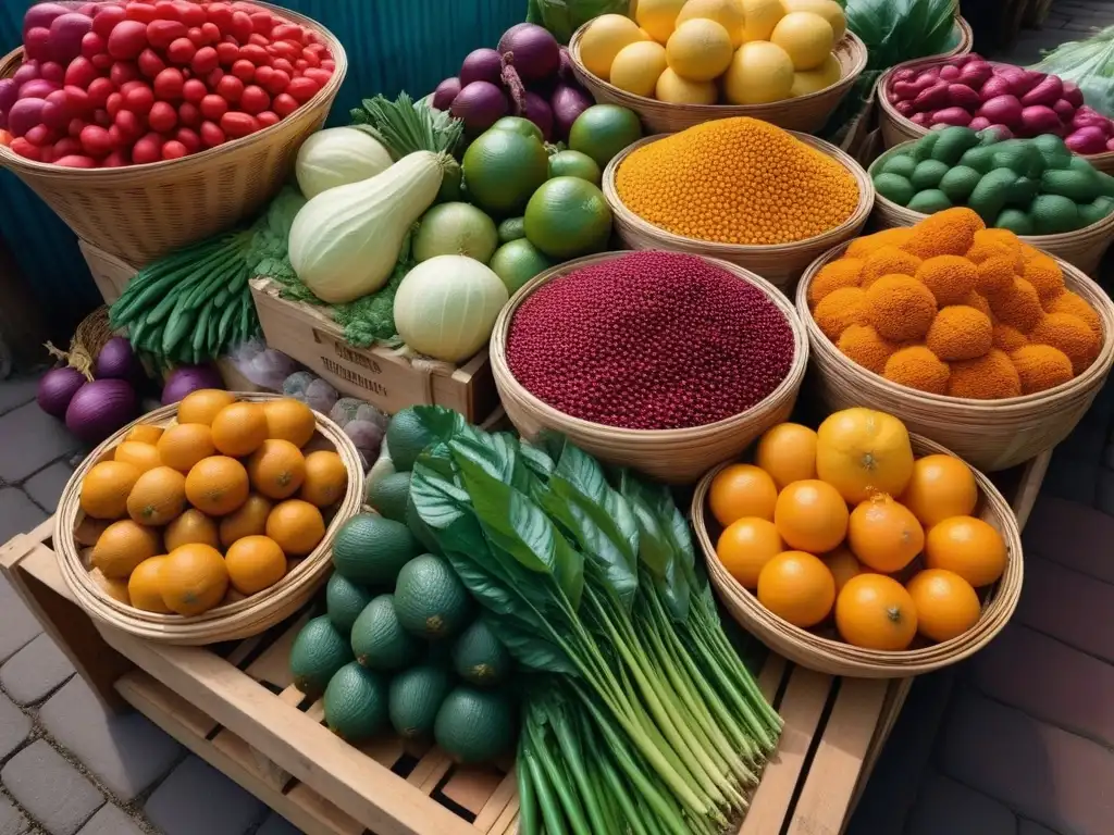 Un vibrante mercado al aire libre en el sudeste asiático, lleno de colores y sabores únicos