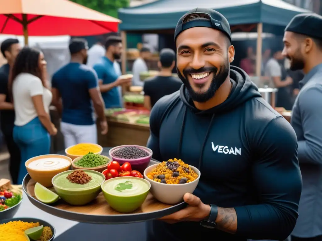 Un vibrante mercado al aire libre donde personas diversas disfrutan de productos veganos