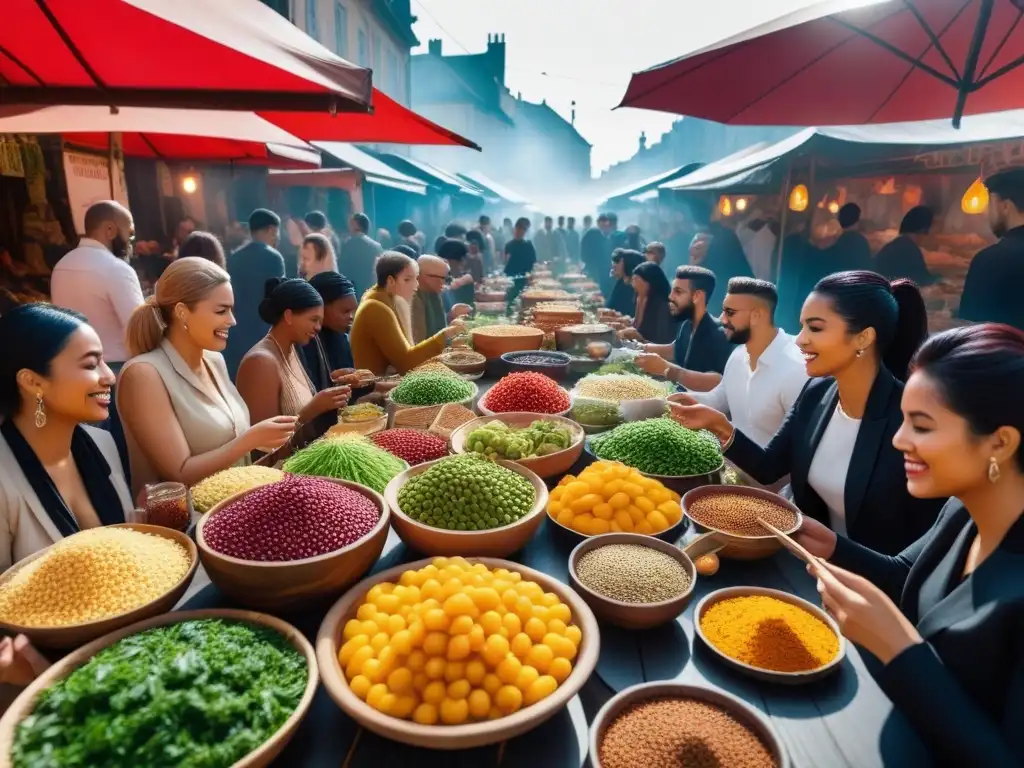 Un vibrante mercado al aire libre con diversidad cultural disfrutando de una comida vegana