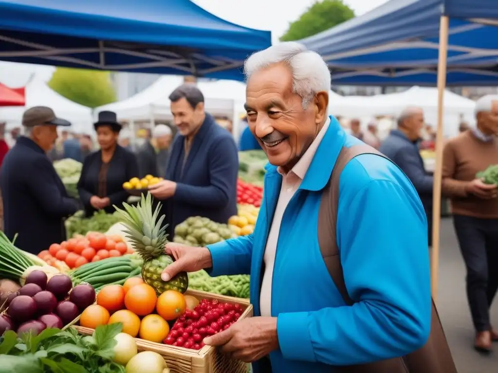 Un vibrante mercado al aire libre con ancianos explorando productos frescos y coloridos