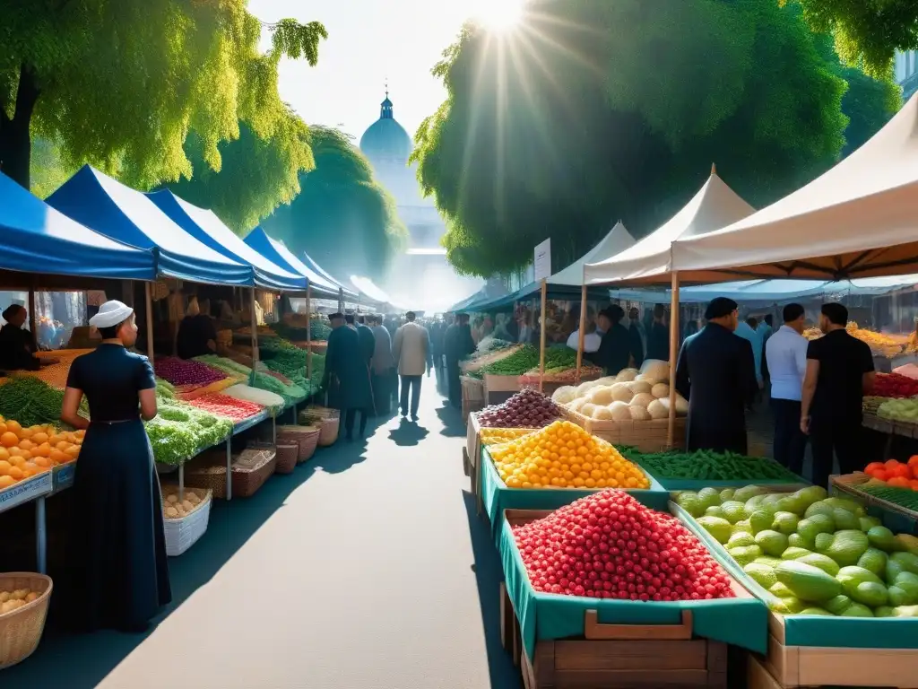 Un vibrante mercado al aire libre en una ciudad culturalmente diversa, con puestos coloridos de frutas, verduras y especias de todo el mundo