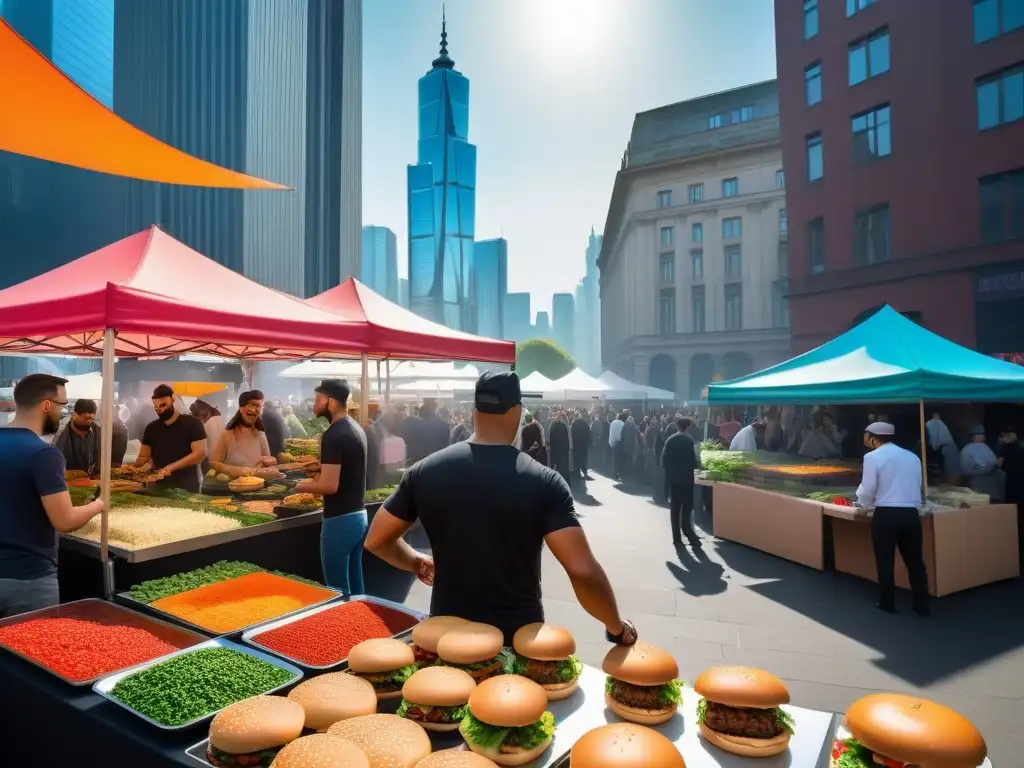 Un vibrante mercado de almuerzos veganos para viajeros en una ciudad cosmopolita