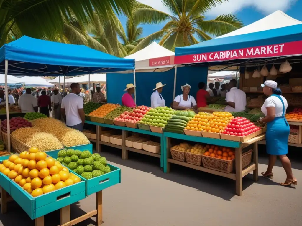 Un vibrante mercado callejero caribeño con una fusión de sabores vegano, mostrando frutas y verduras coloridas únicas de la región