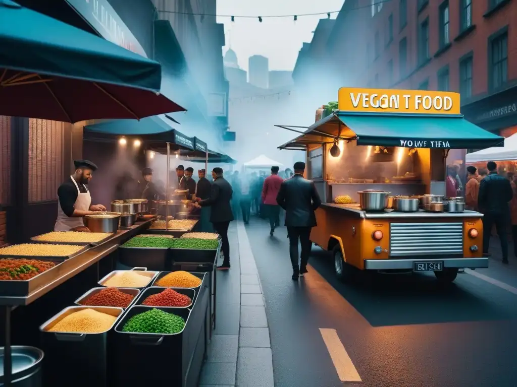 Un vibrante mercado callejero de comida vegana con cursos online cocina vegana street, chefs preparando delicias y clientes entusiastas