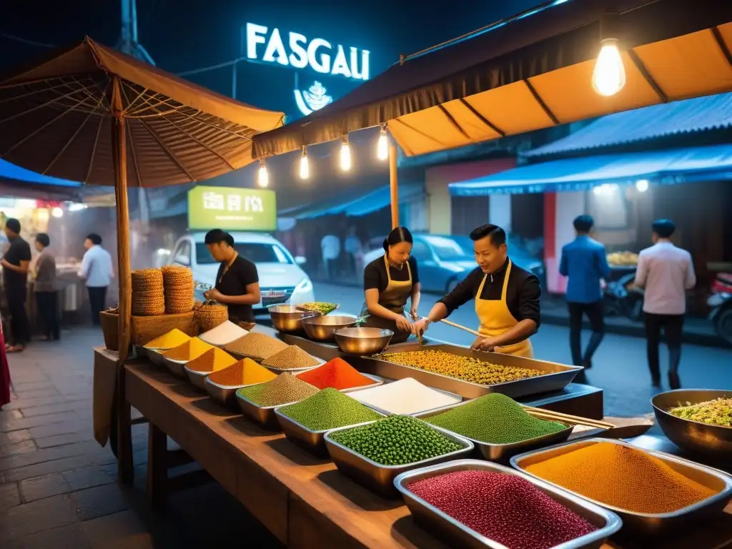 Un vibrante mercado callejero de comida vegana en el sudeste asiático, fusionando tradición e innovación culinaria