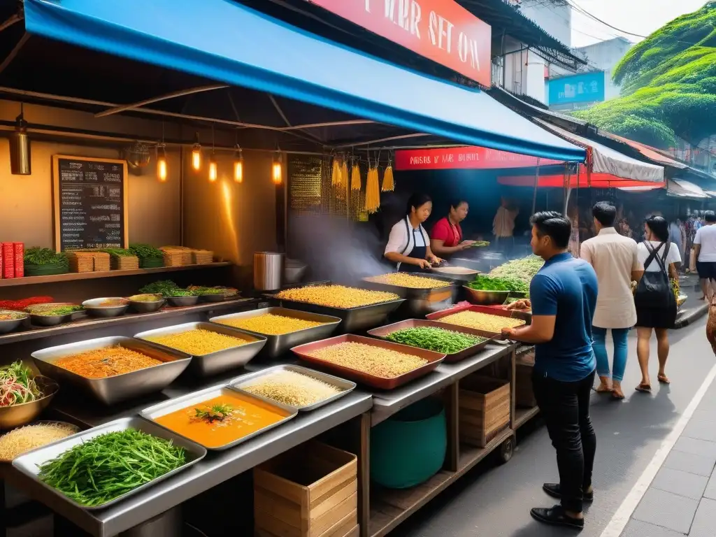 Un vibrante mercado callejero de comida en Bangkok con tendencias de cocina vegana del Sudeste Asiático