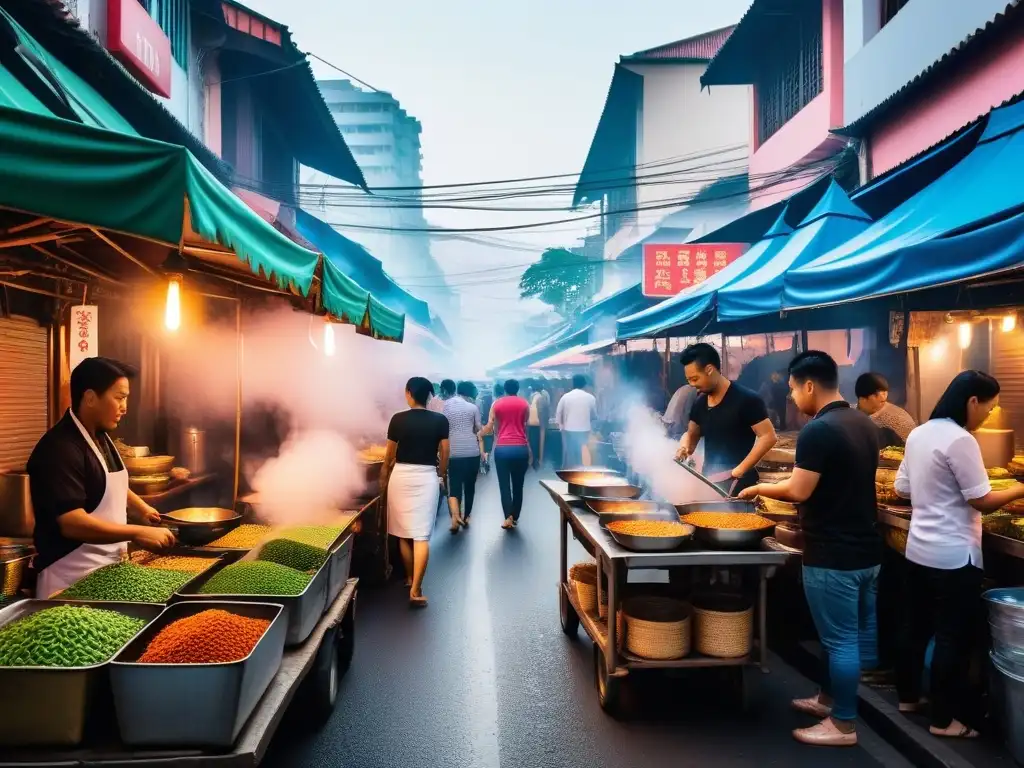 Vibrante mercado callejero de comida vegana en Tailandia