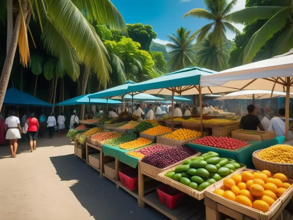 Un vibrante mercado callejero de comida en las Islas del Pacífico, repleto de locales y turistas, exhibiendo delicias veganas regionales