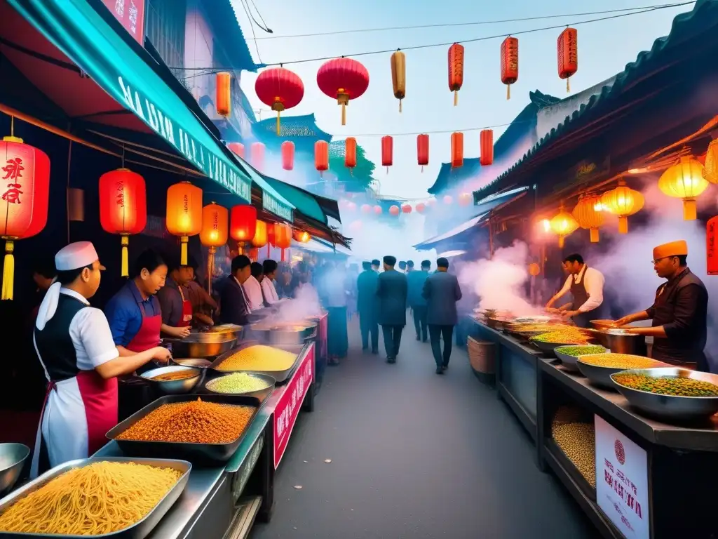 Vibrante mercado callejero de comida en Asia con platos callejeros veganos