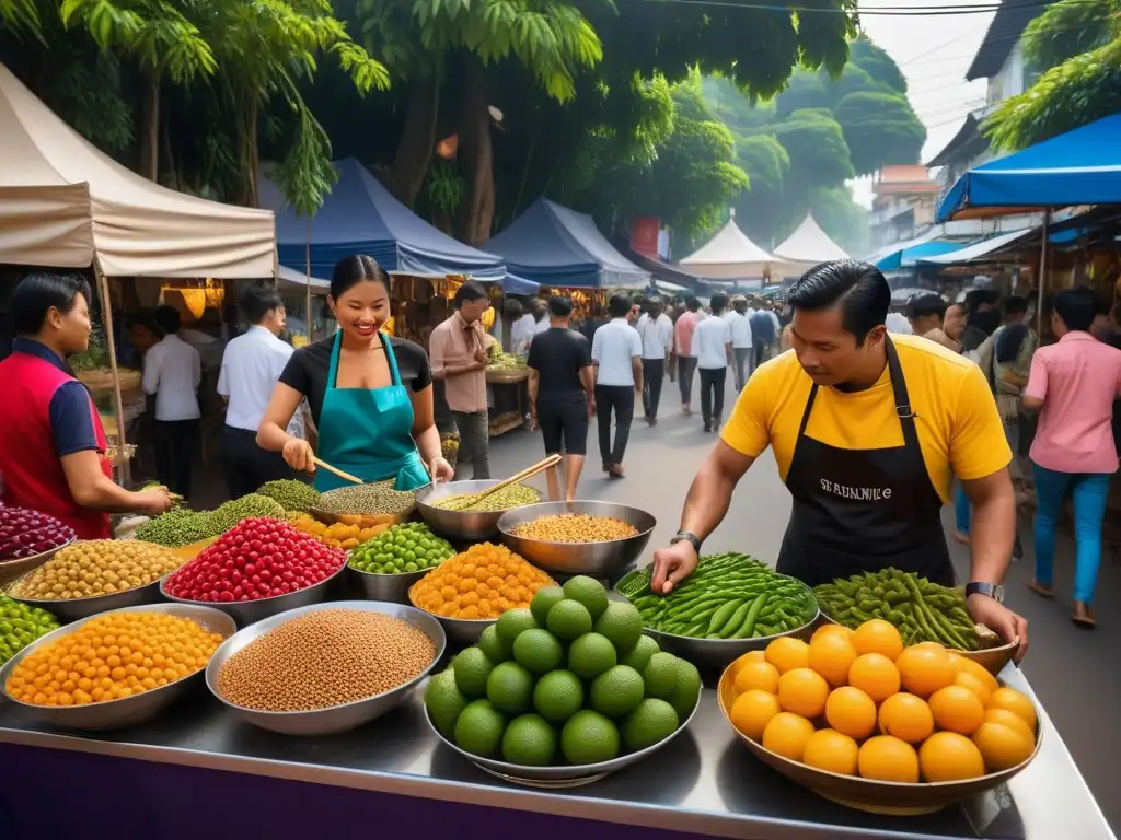 Un vibrante mercado callejero en Tailandia con delicias veganas únicas, resaltando las Rutas veganas gastronomía mundial