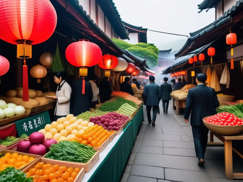 Vibrante mercado callejero en Kyoto con productos frescos y arquitectura tradicional