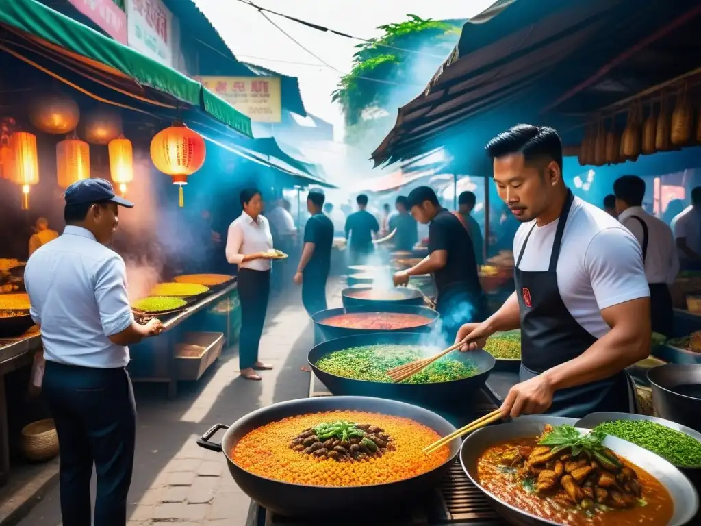 Un vibrante mercado callejero en el sudeste asiático con recetas veganas y diversidad cultural