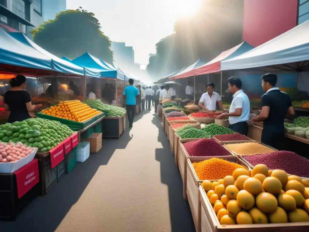 Un vibrante mercado callejero del sudeste asiático, con coloridas frutas y verduras exóticas