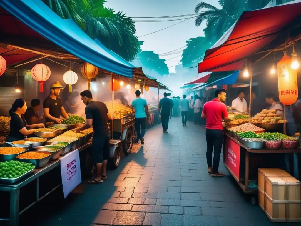 Vibrante mercado callejero del sudeste asiático con recetas veganas tradicionales y coloridos puestos de comida