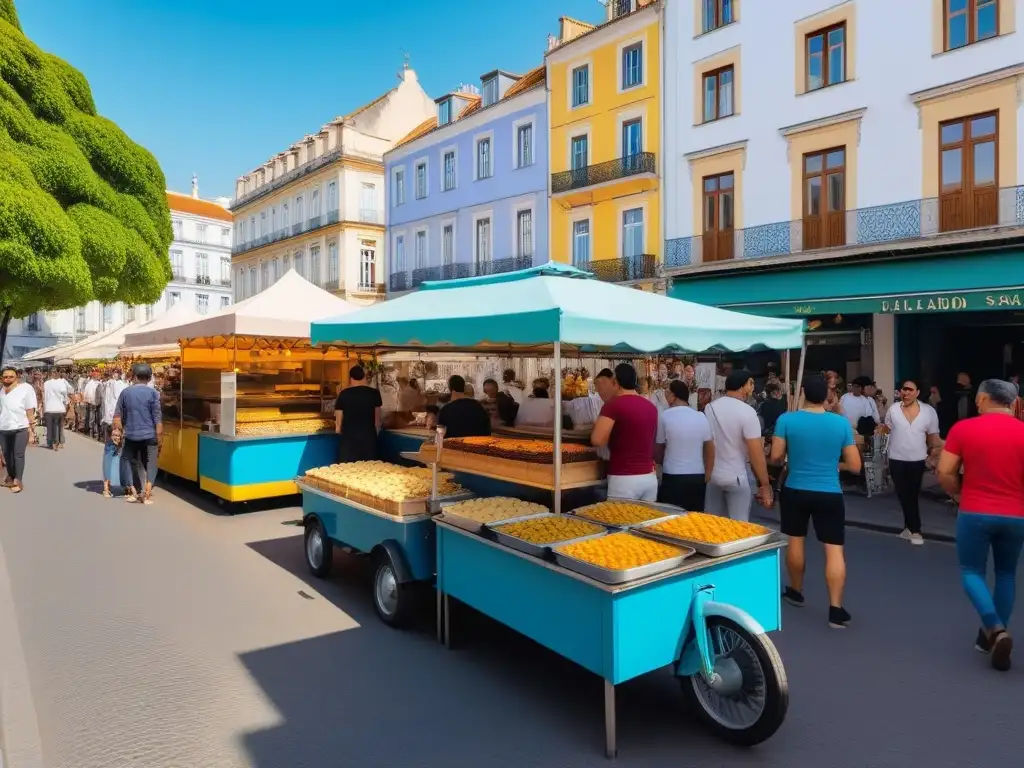 Vibrante mercado callejero vegano en Lisboa con delicias portuguesas sin productos animales entre edificios históricos y jacarandas en flor