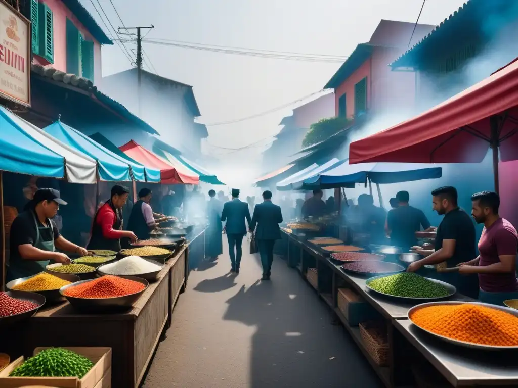 Un vibrante mercado callejero vegano en el Sudeste Asiático, reflejando la tendencia culinaria