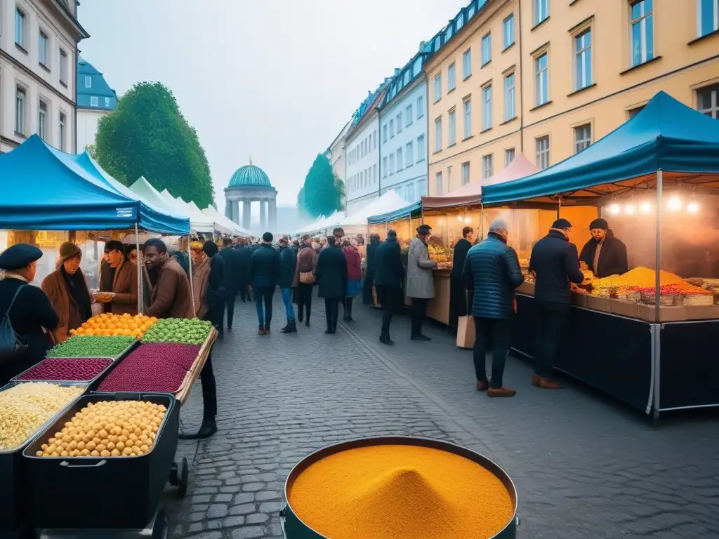 Un vibrante mercado callejero vegano en Berlín, con puestos de comida coloridos y visitantes disfrutando de platos del mundo