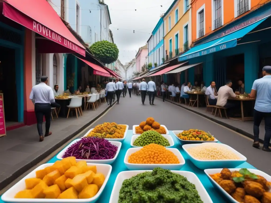 Un vibrante mercado callejero vegano en una ciudad colorida de América del Sur, lleno de platos a base de plantas y una atmósfera inclusiva