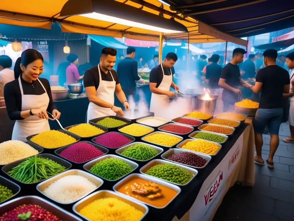 Un vibrante mercado callejero vegano en Bangkok, Tailandia, mostrando la esencia de la gastronomía mundial