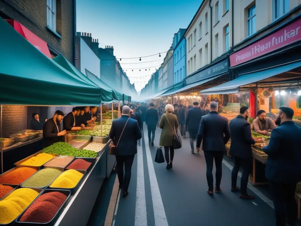 Un vibrante mercado callejero vegano con comida colorida y diversa