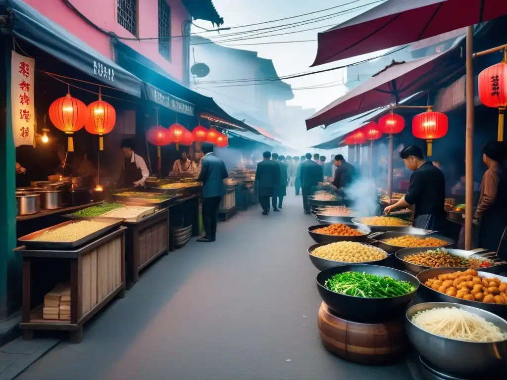 Un vibrante mercado callejero vegano asiático, reflejando la historia de la cocina vegana asiática