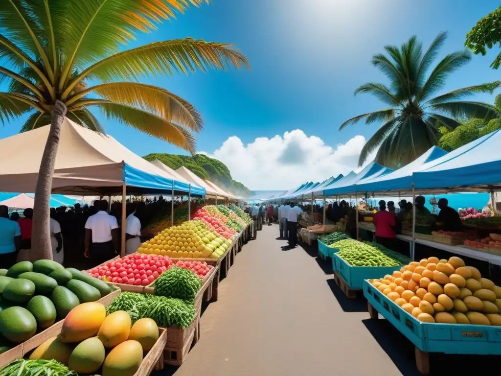 Un vibrante mercado caribeño con ingredientes frescos para cocina vegana