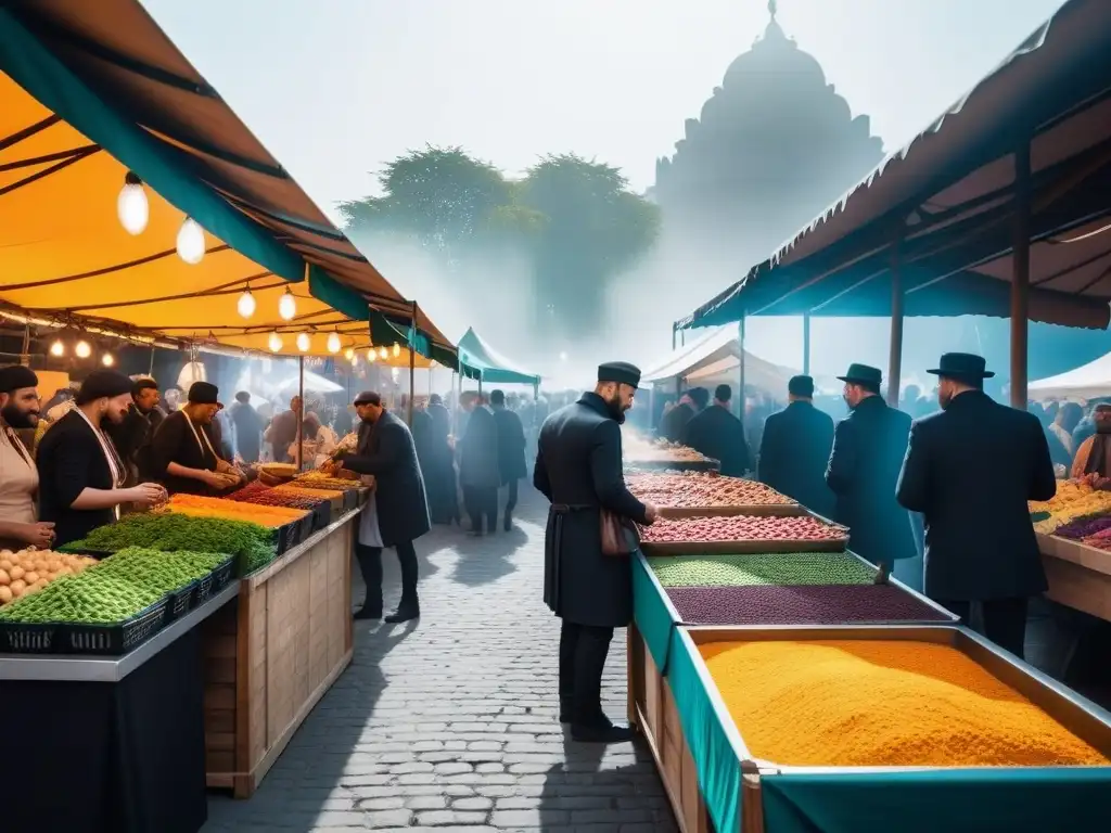 Un vibrante mercado de comida al aire libre con puestos de comida vegana coloridos de diferentes culturas, gente feliz degustando delicias veganas