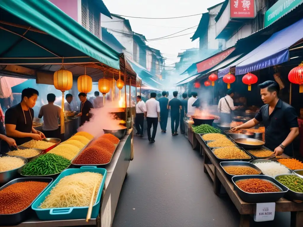 Vibrante mercado de comida callejera vegana en el sudeste asiático, con puestos coloridos y platos deliciosos