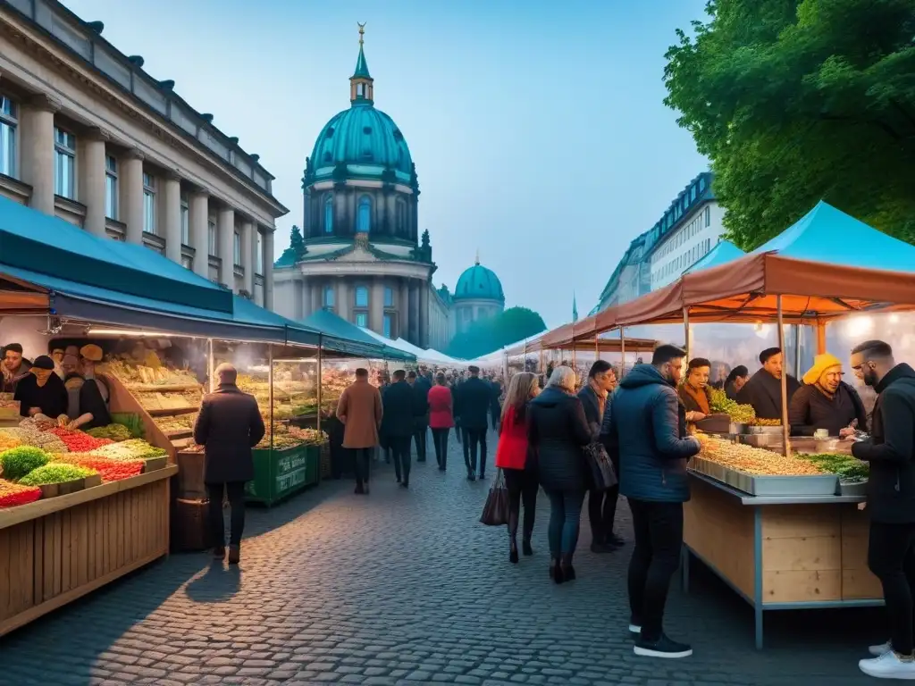 Un vibrante mercado de comida vegana al aire libre en Berlín, con colores, sabores y gente diversa disfrutando