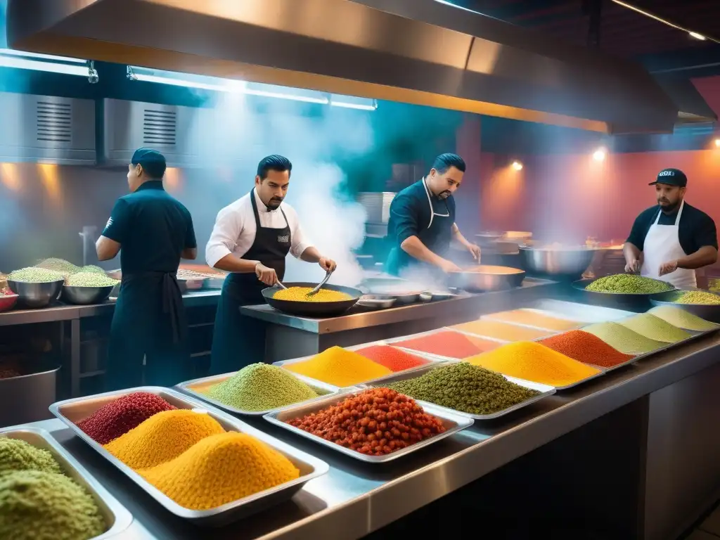 Un vibrante mercado de comida vegana mexicana con chefs preparando platos tradicionales como tacos al pastor y enchiladas verdes