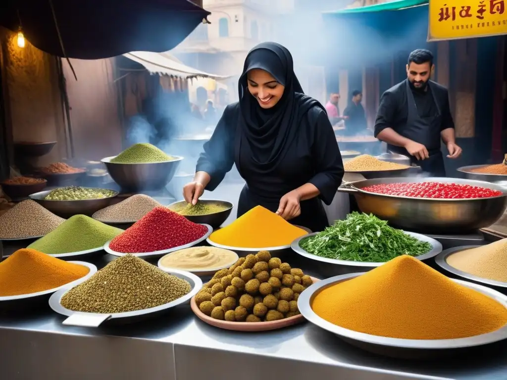 Vibrante mercado de comida vegana en el Medio Oriente con delicias culinarias y multiculturalidad