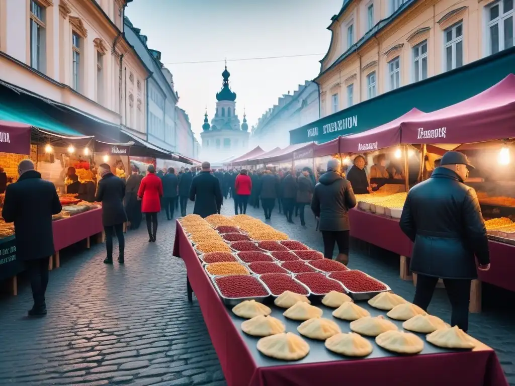 Vibrante mercado de comida vegana en Europa del Este, con variados platillos y arquitectura ornamental