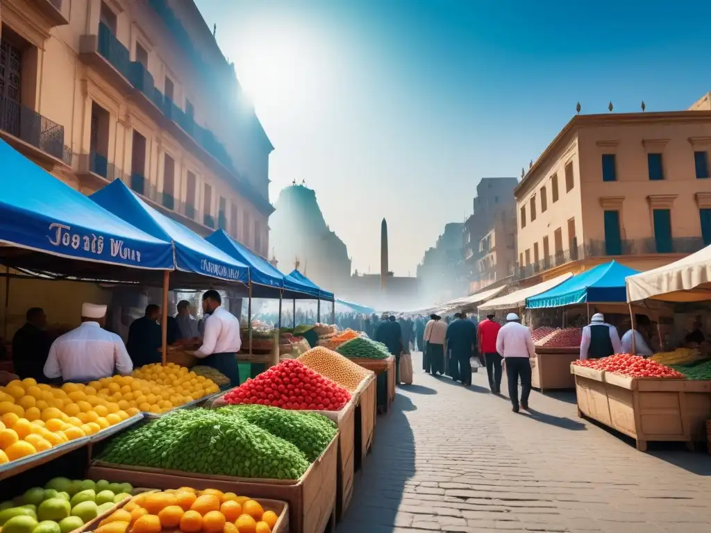 Vibrante mercado egipcio con cocina vegana innovadora en coloridos puestos de frutas, verduras y especias bajo cielo azul