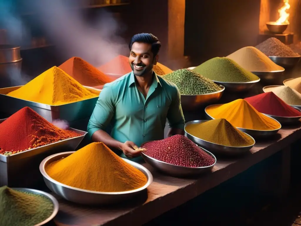 Un vibrante mercado de especias en la India, con una variedad de colores y aromas, donde se imparten talleres de cocina india vegana online