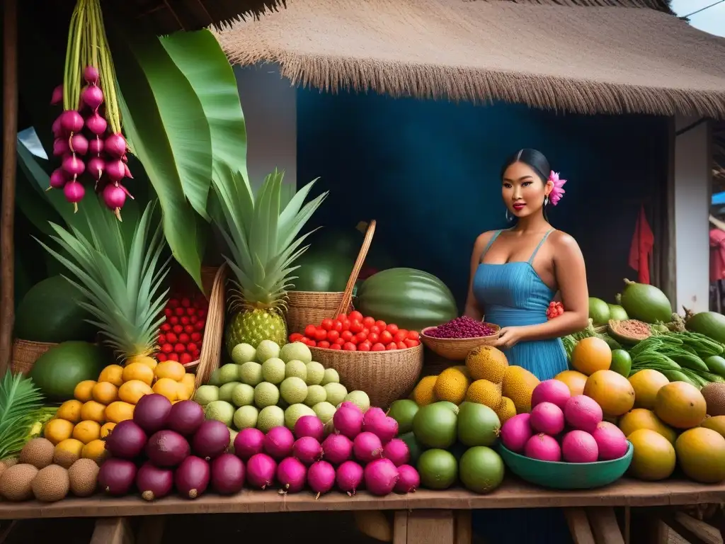 Vibrante mercado filipino con frutas y verduras exóticas