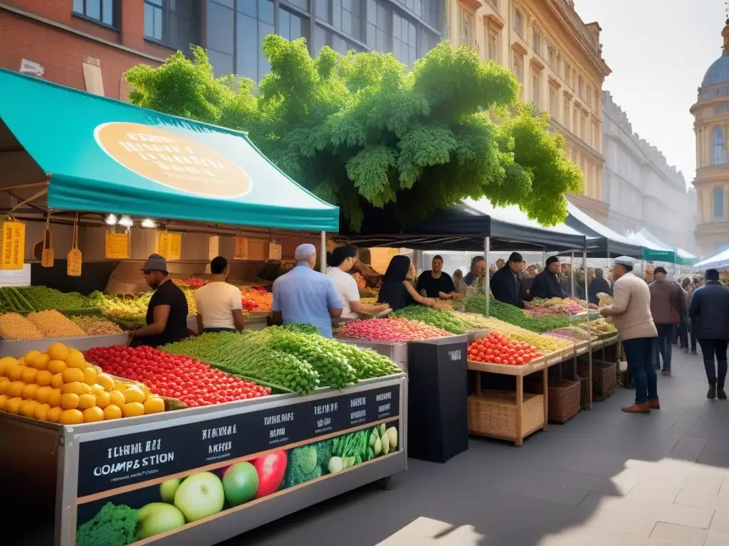 Un vibrante mercado agrícola fusionado con plataformas digitales gastronomía vegana