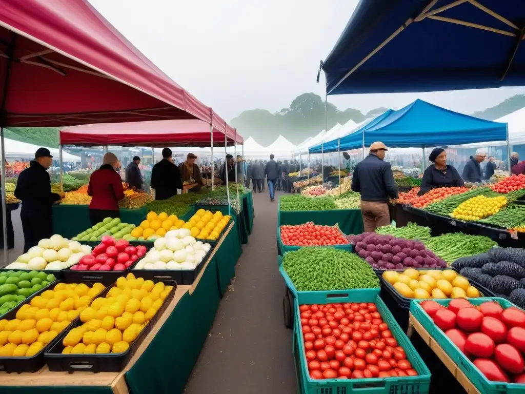 Un vibrante mercado agrícola con impacto económico, clientes variados y productos frescos y coloridos en puestos