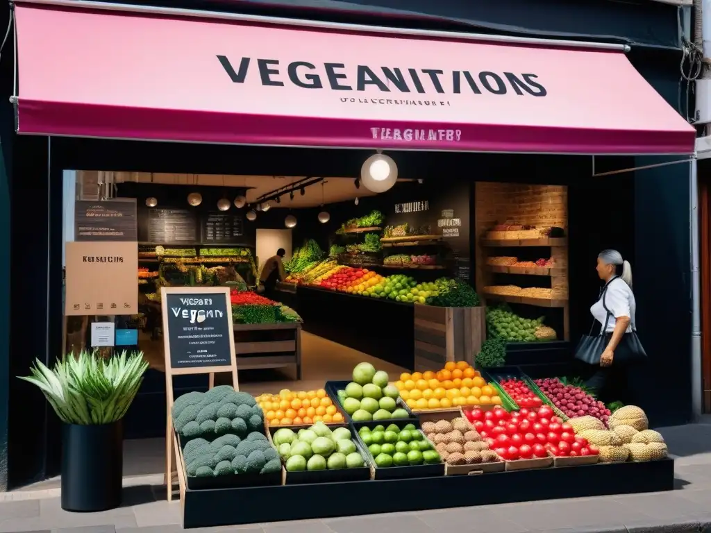 Un vibrante mercado con letrero 'Certificaciones Veganas' en letras llamativas