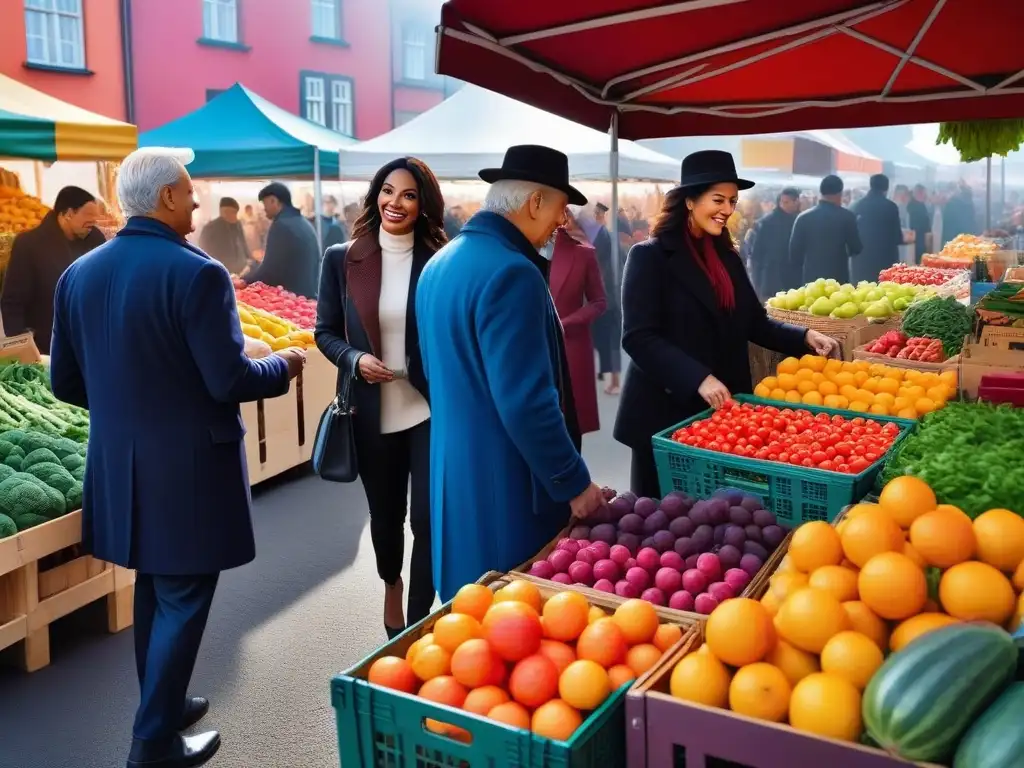 Un vibrante mercado lleno de frutas y verduras, donde personas de todas las edades y etnias disfrutan juntas