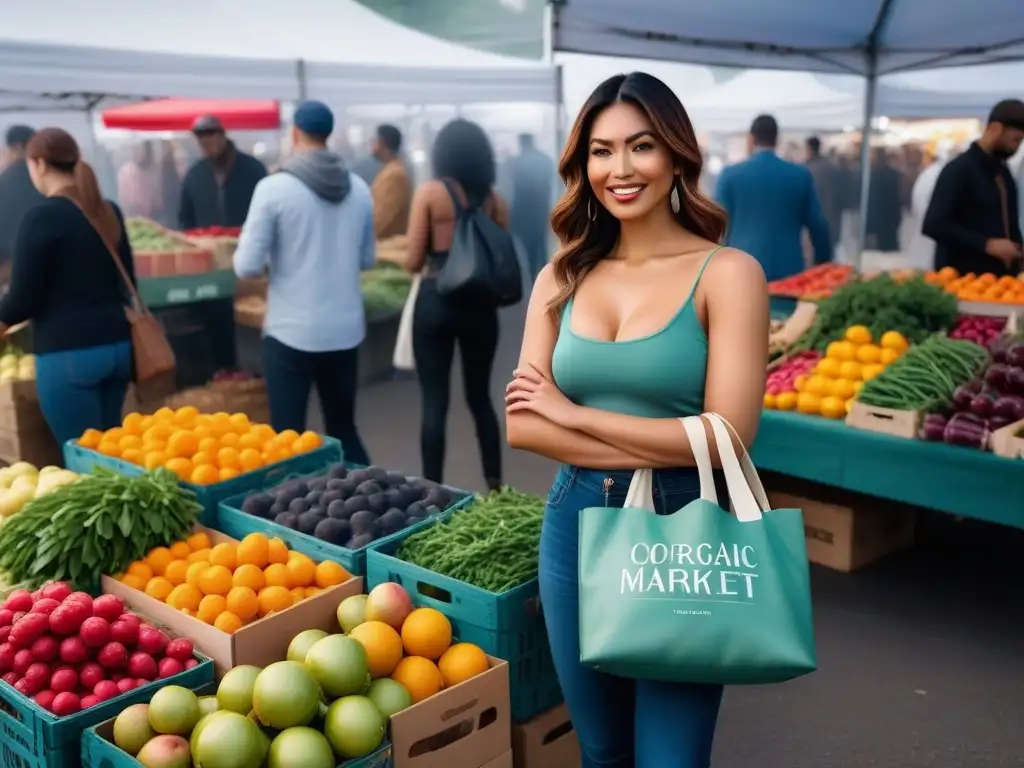 Un vibrante mercado lleno de frutas y verduras orgánicas, productos ecológicos y personas promoviendo el veganismo y el zero waste