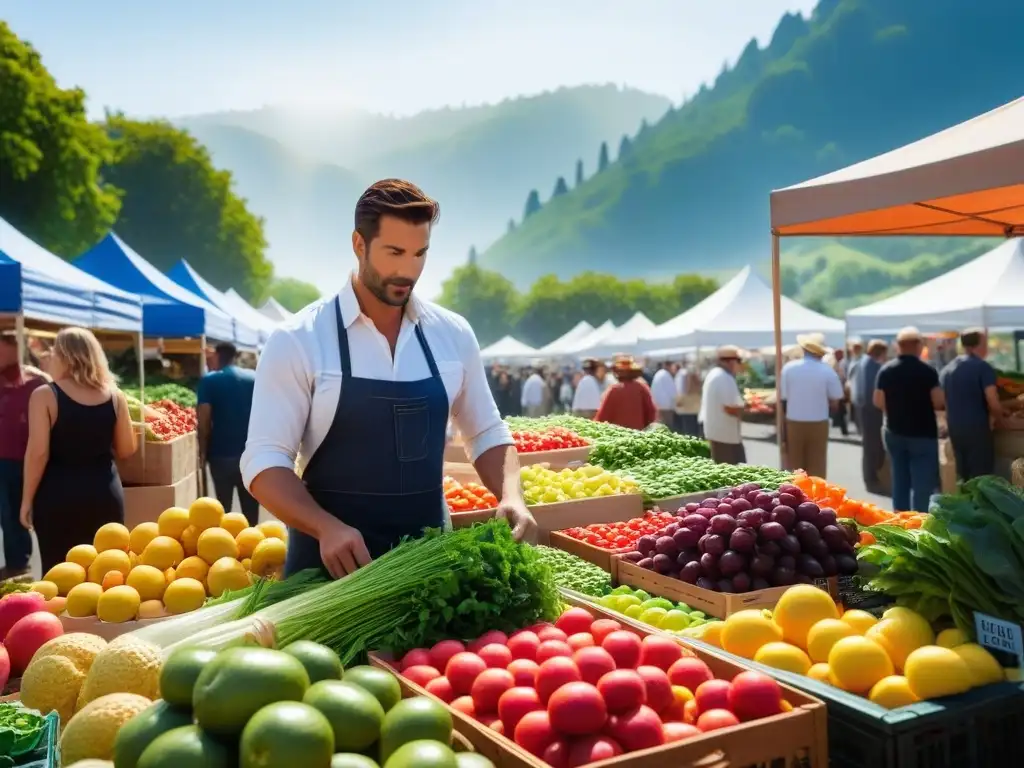 Un vibrante mercado lleno de frutas y verduras orgánicas, con gente diversa y feliz comprando