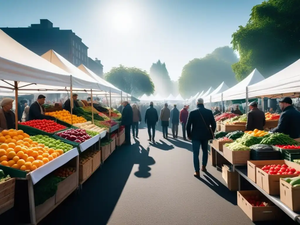 Un vibrante mercado lleno de productos frescos y coloridos, donde la sostenibilidad y las recetas veganas son protagonistas