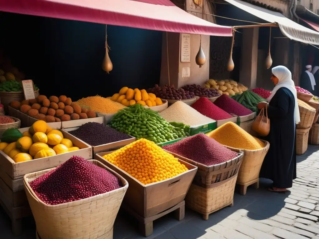 Un vibrante mercado de una medina en Medio Oriente, rebosante de ingredientes locales para la cocina vegana medioriental