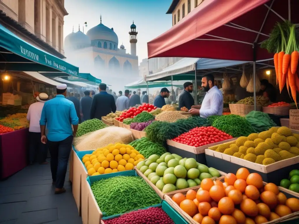 Un vibrante mercado en Medio Oriente, muestra coloridas frutas y verduras, con vendedores y clientes entusiastas