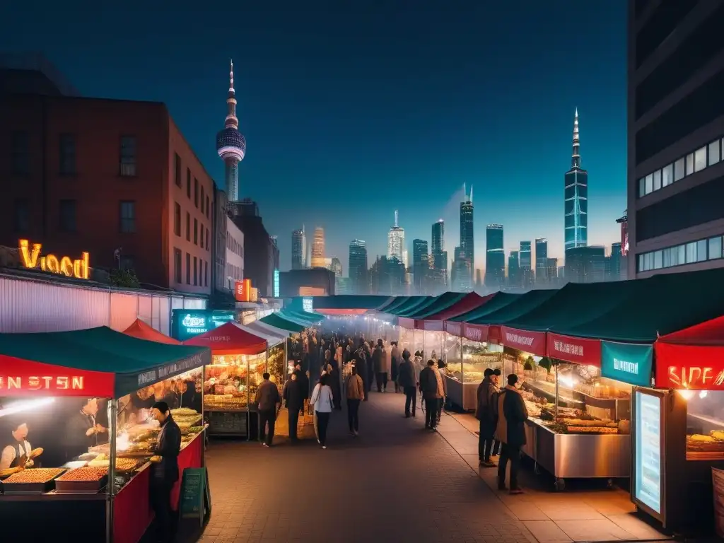 Vibrante mercado nocturno de comida callejera vegana gourmet delicioso, iluminado por luces de neón y adornos coloridos en la ciudad