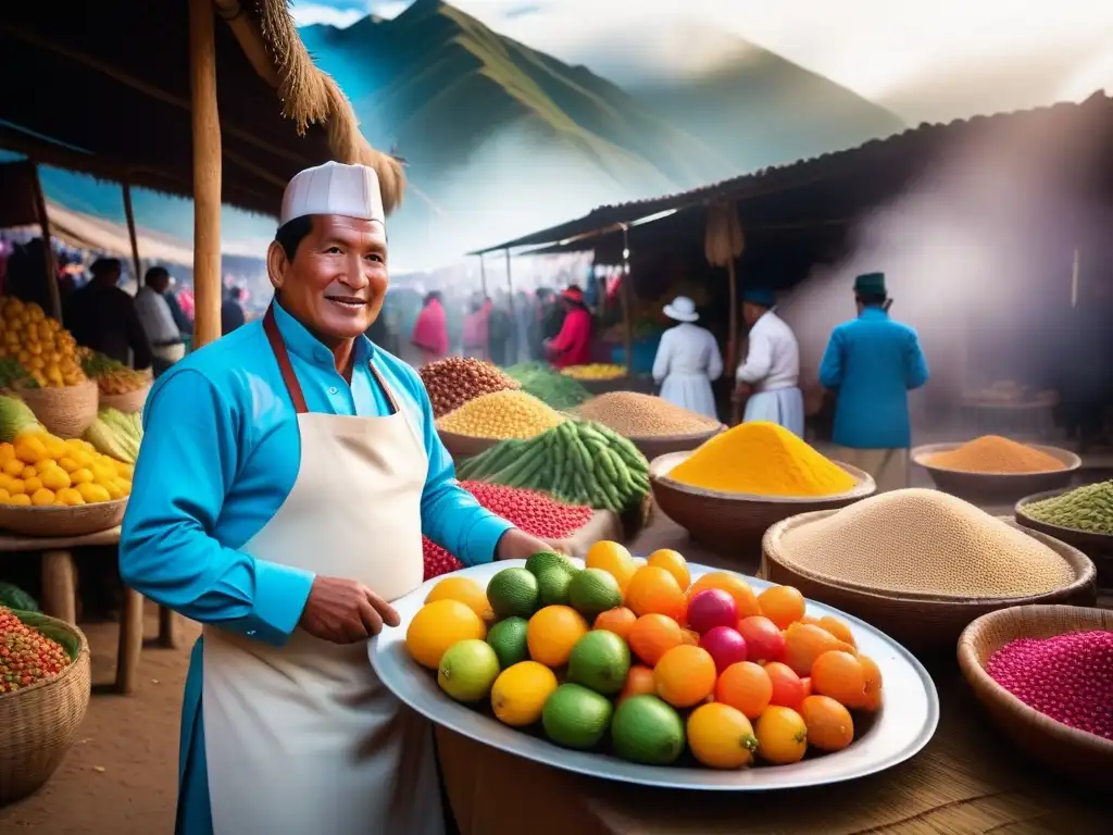 Un vibrante mercado peruano lleno de frutas y verduras frescas, especias indígenas y talleres de cocina vegana peruana