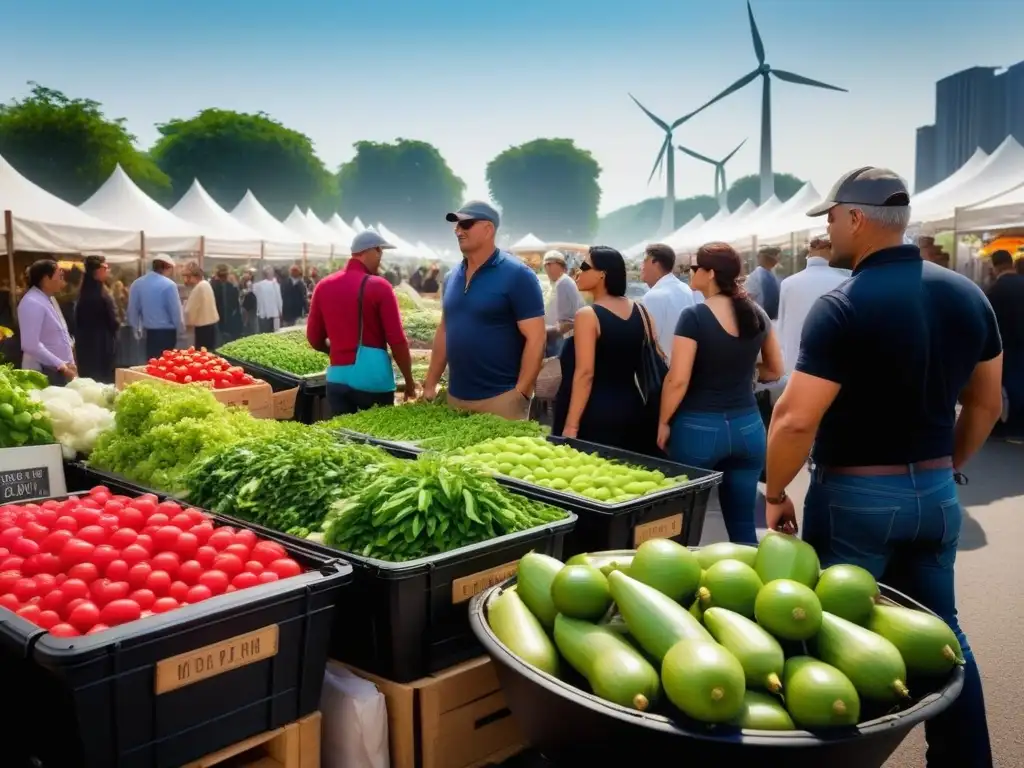 Vibrante mercado agrícola con productos frescos, diálogos animados y energía sostenible