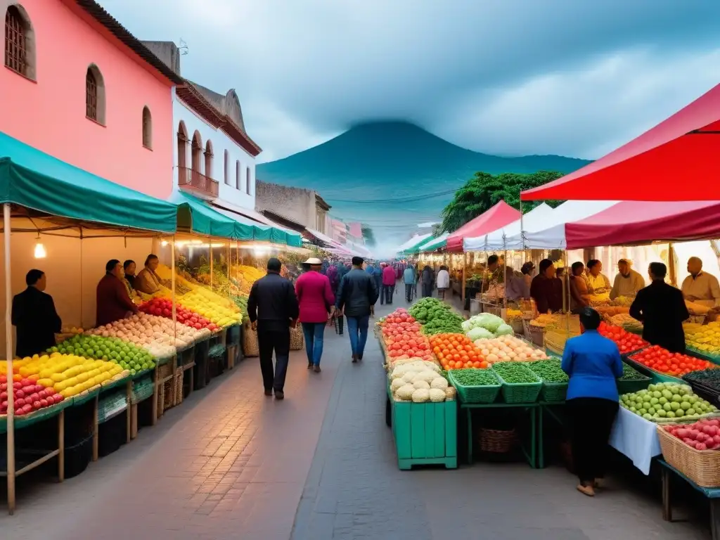 Un vibrante mercado en Oaxaca, México, con puestos de frutas, verduras y productos mexicanos